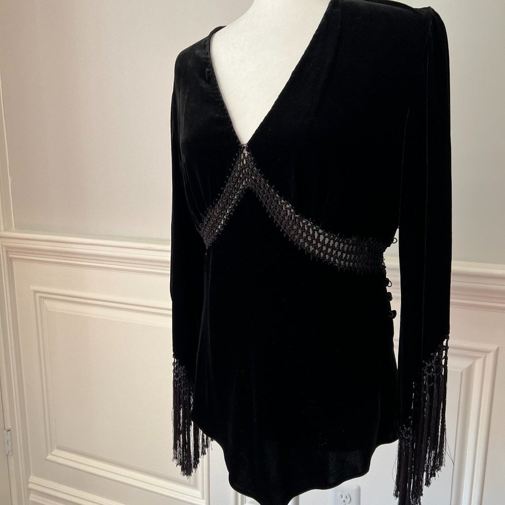 Laundry by Shelli Segal Black Velvet Fringe Top Size Medium